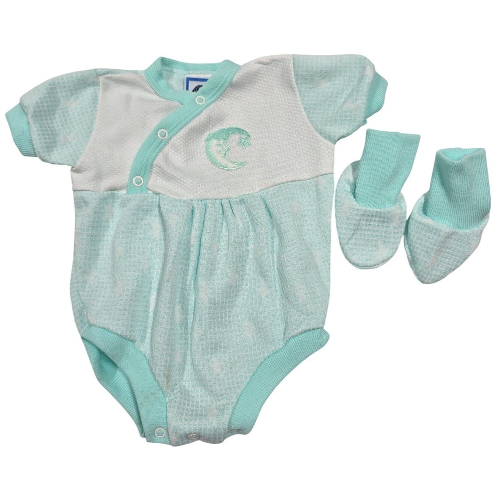 Lullaby Club Vintage Baby Clothes Bubble Romper Booties Set Moon Star 6-9 90s